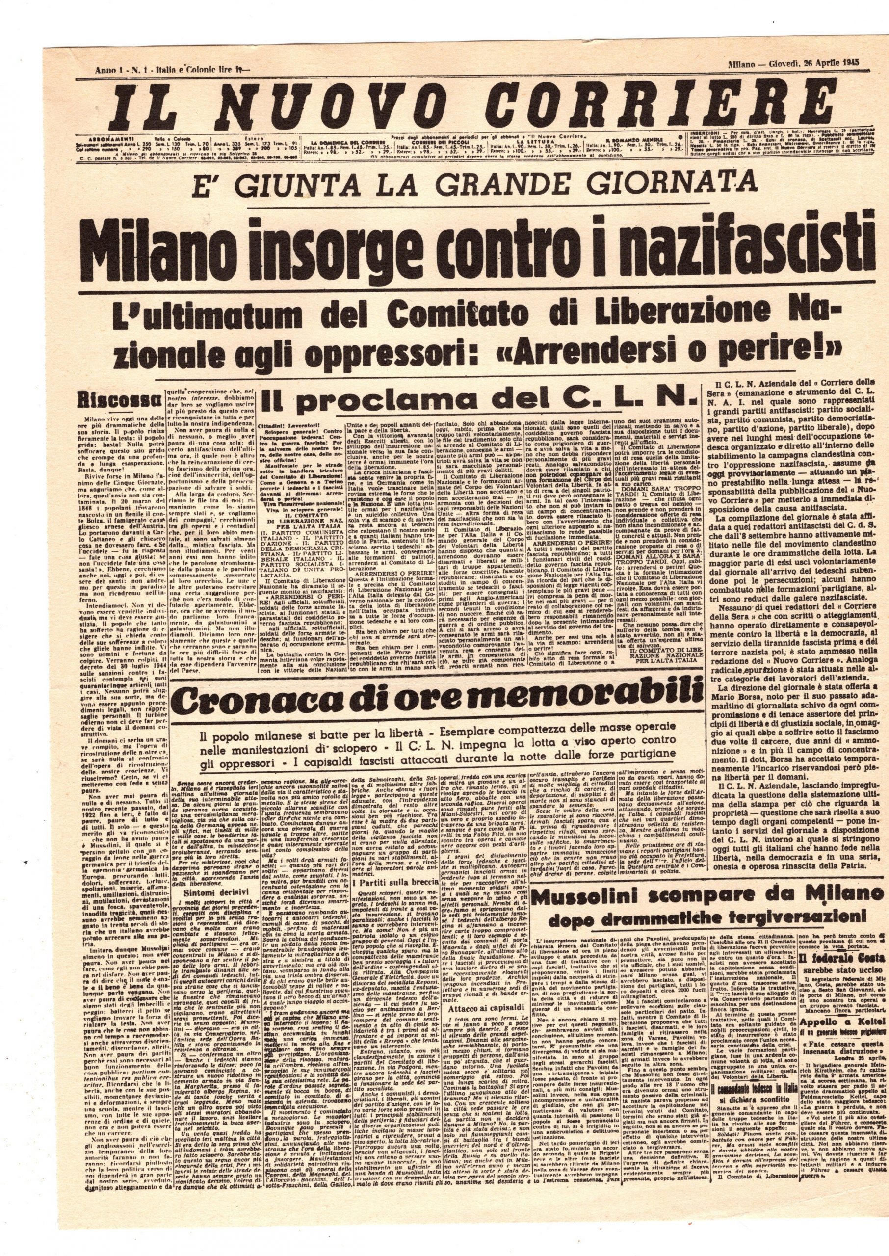 La giornata della Liberazione in un giornale del 1945 NULLA DIES SINE